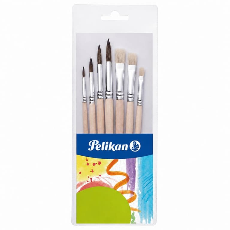 Pelikan Kezdő Ecsetkészlet 6 db (hiányos, használt) – 5 hajszál és 5 sörtéjű ecset iskolai festéshez, vegyes méret (4-12)