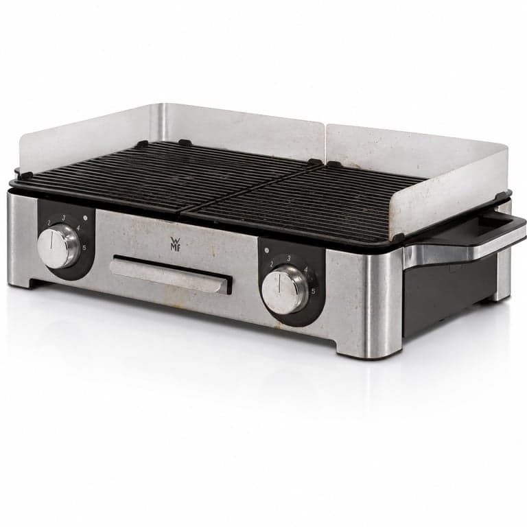WMF Lono Master elektromos asztali grill 50x28 cm, 2400 W, 2 külön szabályozható grillfelület, szélvédővel, zsírfelfogóval, rozsdamentes