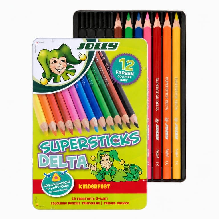 JOLLY Supersticks Delta háromszögletű színes ceruza készlet, 10 db, fémdobozban, törésálló, gyerekbiztos, nem mérgező