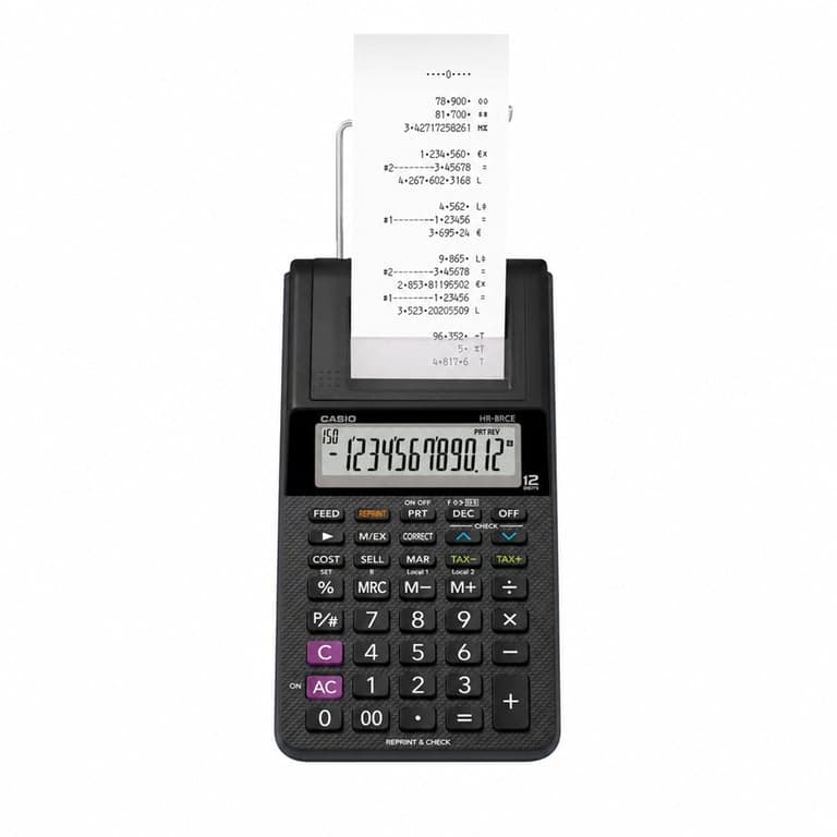 Casio HR-8RCE-BK nyomtatós számológép 12 jegyű LCD kijelzővel, fekete — hibás, részben működik: beragadt AC gomb (állapot: lásd a 2. képet)