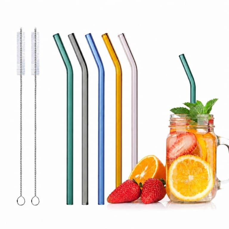 Realjoy Újrahasználható Színes Üveg Szívószál Készlet 2 Tisztítókefével, 195x8 mm, Hajlított, Koktélhoz, Smoothie-hoz és — 5 db-os szett