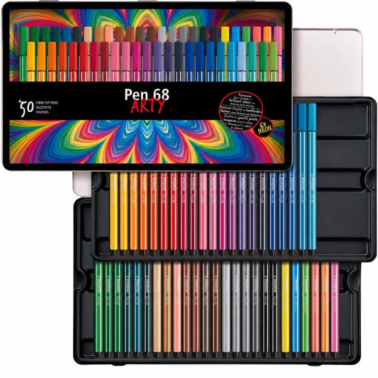 STABILO Pen 68 filctoll készlet fémdobozban, 50 db vegyes szín (ARTY) – 2 db hiányzik — 2 db toll hiányzik (állapot: lásd a 2. képet)