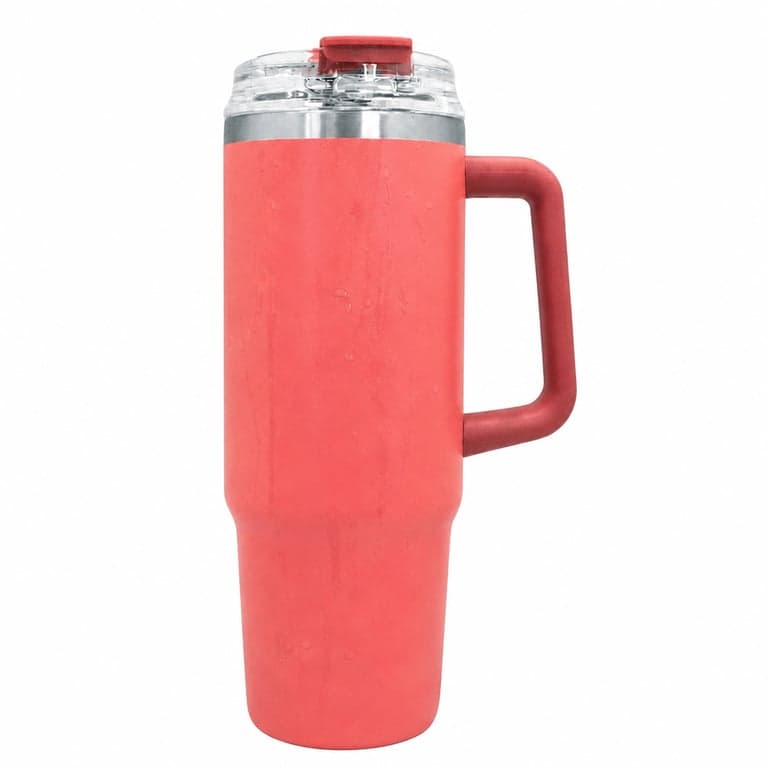 Nerthus FIH 1438 Termosz Bögre 900 ml Korallpiros Színben Fedővel és Szívószállal Utazáshoz Autóba — Vízfoltos (állapot: lásd a 2. képet)