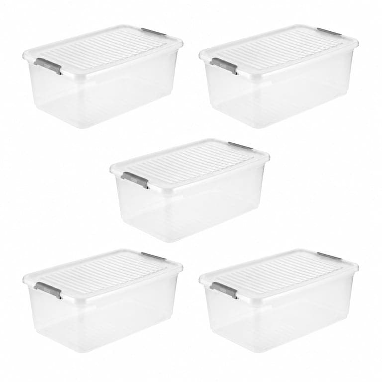 keeeper Leo Tárolódoboz Fedéllel és Görgőkkel, 37 L, 59x38x24 cm, Átlátszó, Csatos — görgőkészlet hiányzik (állapot: lásd a 2. képet)