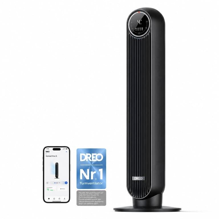 DREO Nomad One S Okos Toronyventilátor fekete, App és Hangvezérlés, 90 fokos oszcillálás — Távirányító hiányzik (állapot: lásd a 2. képet)