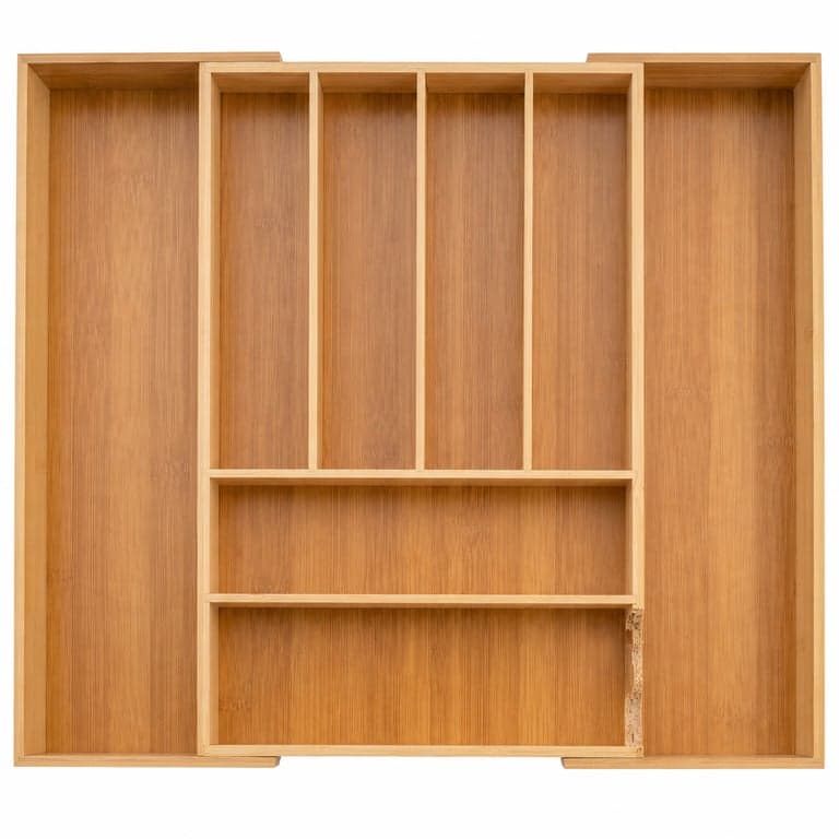 Alpina bővíthető bambusz evőeszköztartó fiókrendező 46x34-56,5x6 cm, 6-8 — A kihúzható részen sérülés nélkül (állapot: lásd a 2. képet)