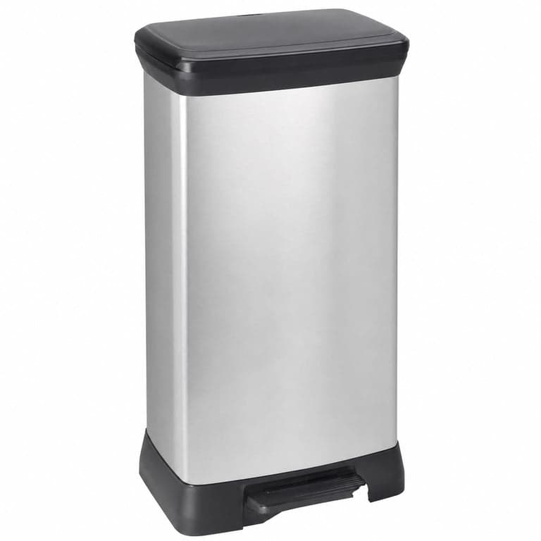 Curver Deco Bin pedálos szemetes 50L, szürke fém hatású, 39x29x72 cm — hibás, részben működik: kitört lábpedál (állapot: lásd a 2. képet)