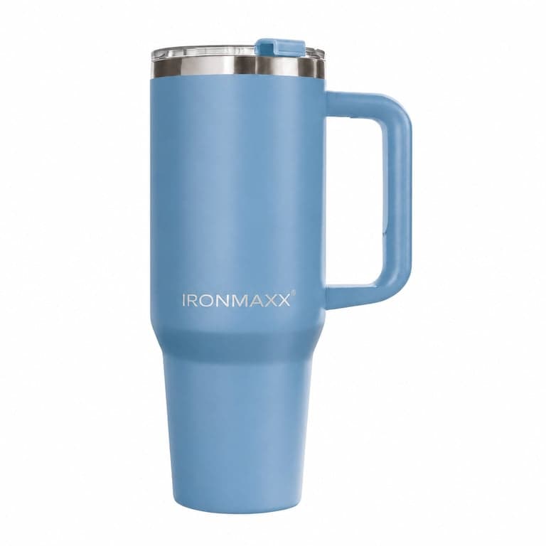 IronMaxx Cup fogantyúval - Ice Blue, 1,2 L, szívószállal, rozsdamentes acél, duplafalu — szívószál nem tartozék (állapot: lásd a 2. képet)