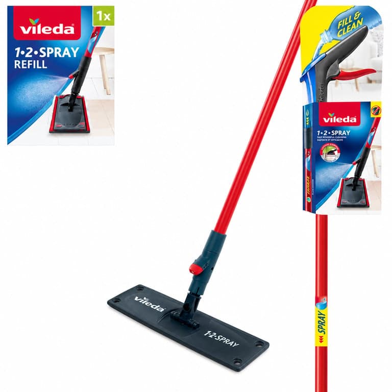 Vileda 1-2 Spray lapos felmosó utántöltő csomag mikroszálas mopfej nélkül, piros, 250 ml — Mopfej hiányzik (állapot: lásd a 2. képet)
