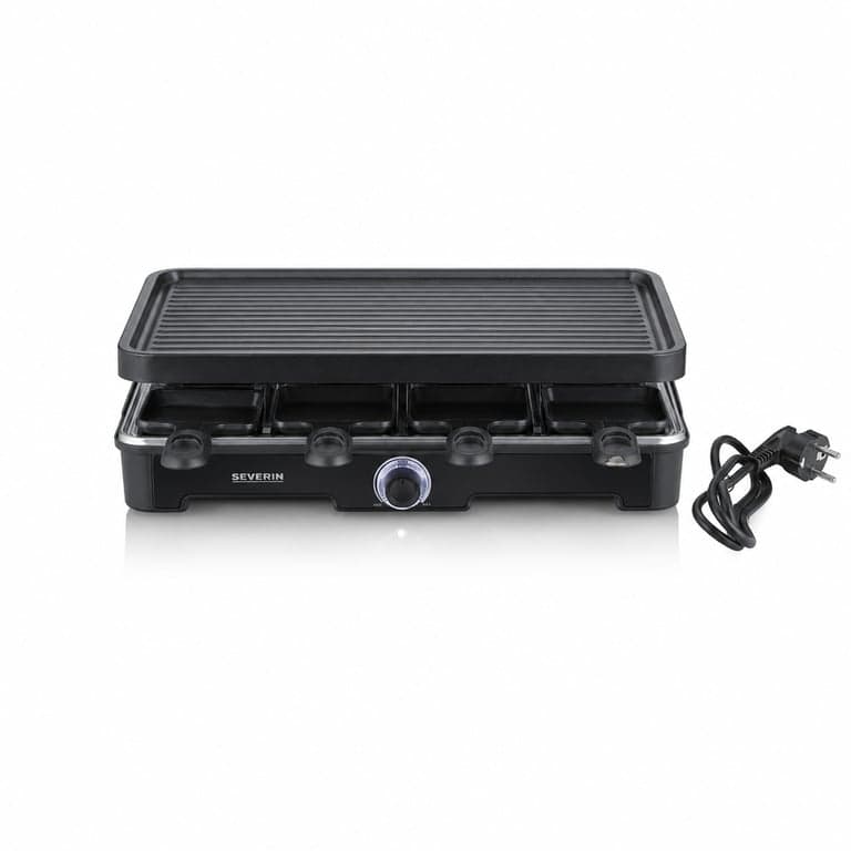 Severin RG 9670 Raclette Grill Fekete, Nagy Grilllappal, Kerámia és — 8 spatula hiányzik, serpenyőfogó sérült (állapot: lásd a 2. képet)