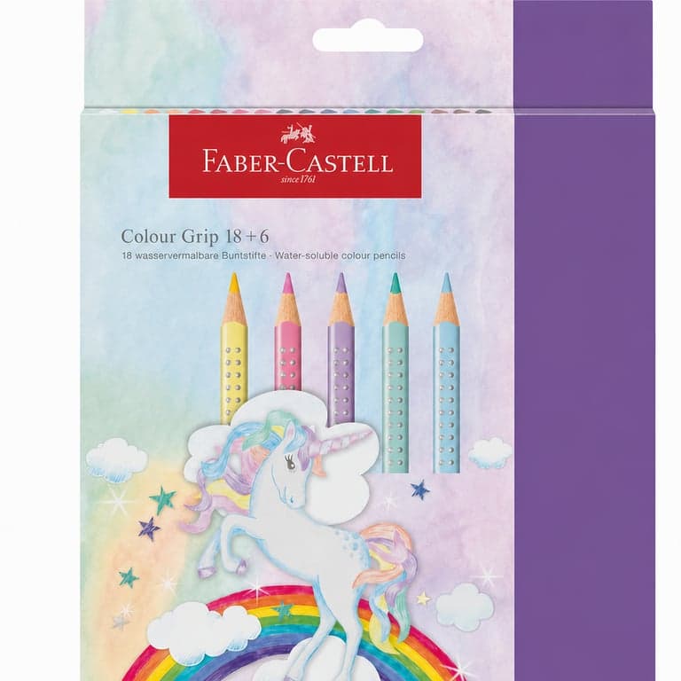 Faber-Castell Colour Grip Unikornis Special Edition színes ceruza készlet — 5 db (töredékkészlet, eredeti -ból), vízzel oldható, pasztell sparkle ceruzák, matricával