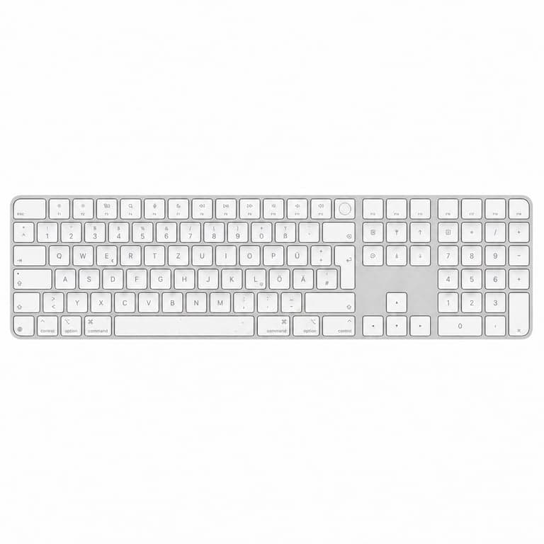Apple Magic Keyboard Touch ID-val és számbillentyűzettel Mac-hez Apple Chippel – Német kiosztás – Fehér — Karcos (állapot: lásd a 2. képet)