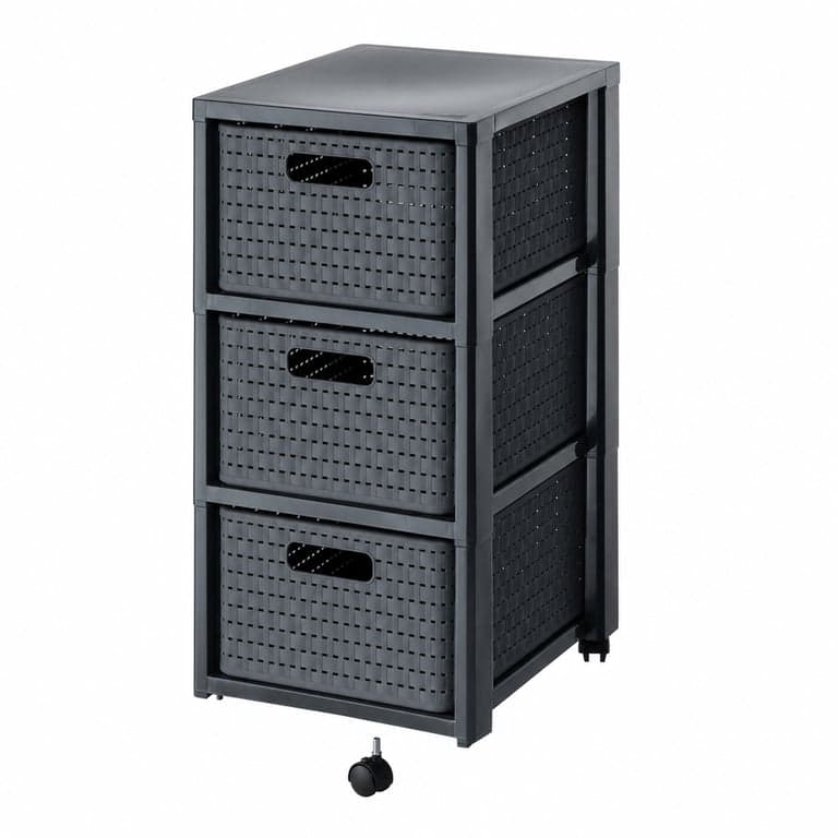 Rotho Country görgős tároló 3 fiókkal rattan mintával, antracit, 37,5x32,5x71,2 cm — hiányzó görgők, alsó törés (állapot: lásd a 2. képet)