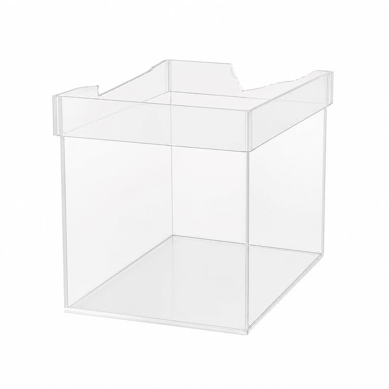 TUKA-i-AKUT TKD8254 Átlátszó Akril Vitrindoboz 30x30x30 cm, 5 Oldalas Kocka Alakú — A fedelele torott nélkül (állapot: lásd a 2. képet)