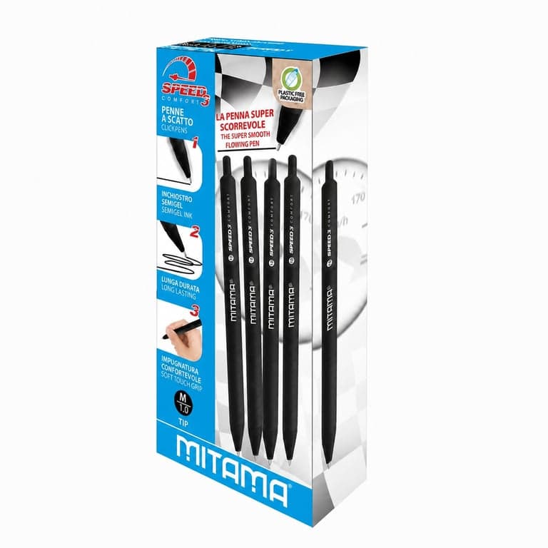 Mitama Speed3 Comfort nyomógombos golyóstoll fekete semi-gel tintával, 1,0 mm-es hegy, 8 db-os csomag, újrahasznosított műanyag