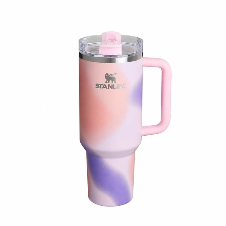 Stanley Quencher H2.0 FlowState termoszpohár fogantyúval, 1,2 l, rózsaszín-lila mintás — A szívószála hiányzik (állapot: lásd a 2. képet)