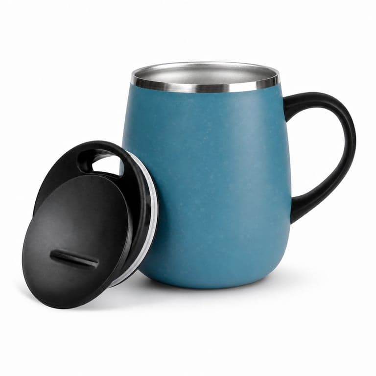 GrandTies Atlantis Blue Szigetelt Kávésbögre Fogantyúval és Csúszó Fedéllel 16 oz Dupla Falú — kipróbált (állapot: lásd a 2. képet)