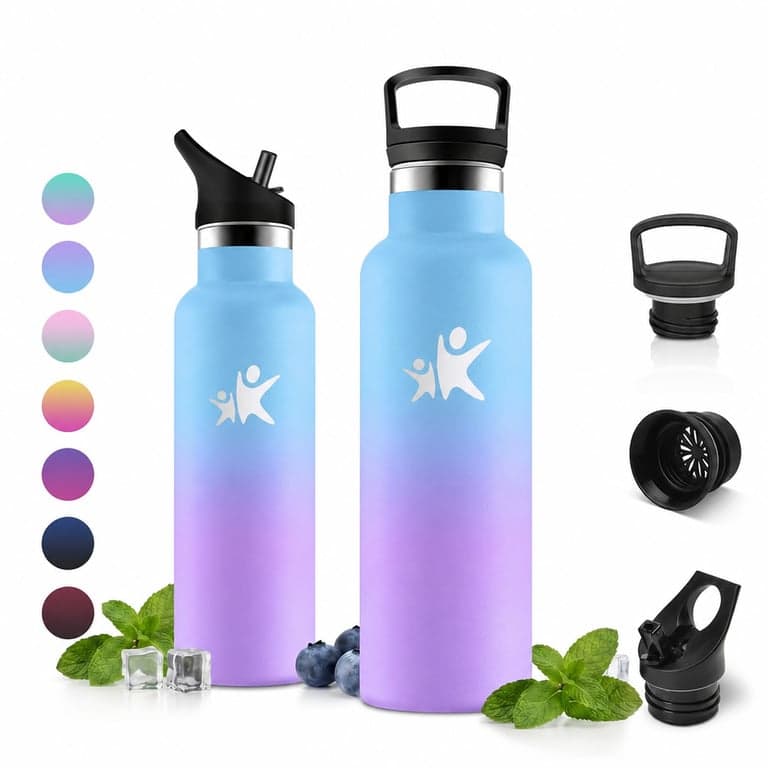 JAPORIA Rozsdamentes Acél Kulacs 500 ml Duplafalu Hőszigetelés BPA-mentes — A szívószálas kupak hiányzik (állapot: lásd a 2. képet)