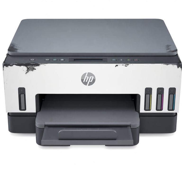 HP Smart Tank 7005 multifunkciós tintatankos nyomtató — hibás, részben működik: sérült fekete tartály (állapot: lásd a 2. képet)