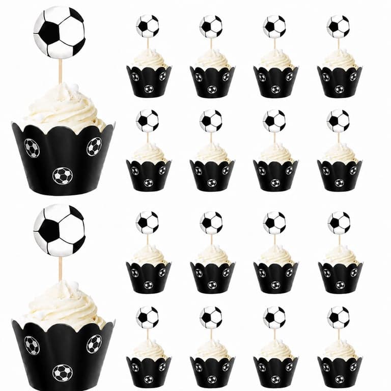 ZHIQIN Focis Muffin Dekoráció 24 db – Foci Cupcake Topper és Wrapper Gyerek Születésnapi Bulira és Tortadíszítéshez, Fekete-Fehér Focilabda