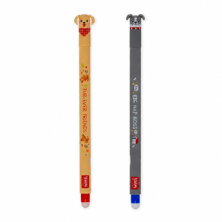 LEGAMI Fur-ever Friends törölhető zselés toll szett – 0,7 mm, többszínű tinta (piros, kék, fekete), kutya mintás, szett — 2 db-os szett