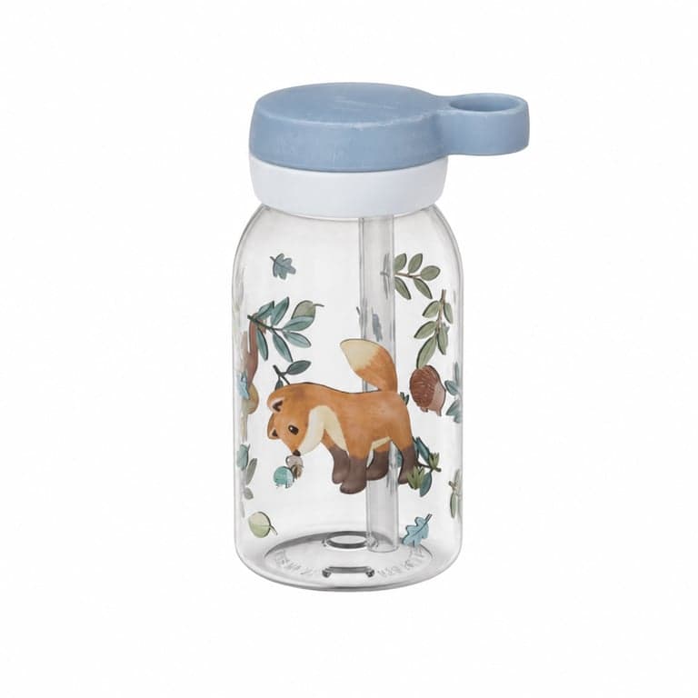 Mepal Campus gyerek ivópalack szívószállal 450 ml - Forest Friends mintás, kék kupak — kipróbált (állapot: lásd a 2. képet)