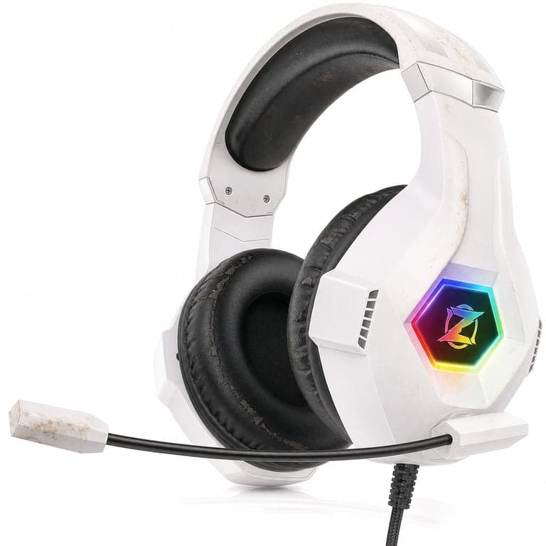 Ozeino Gaming Headset PS4 PS5 PC Xbox 360 mikrofonnal RGB világítással 3D — szakadozó fülpárnák, koszos fejpánt (állapot: lásd a 2. képet)