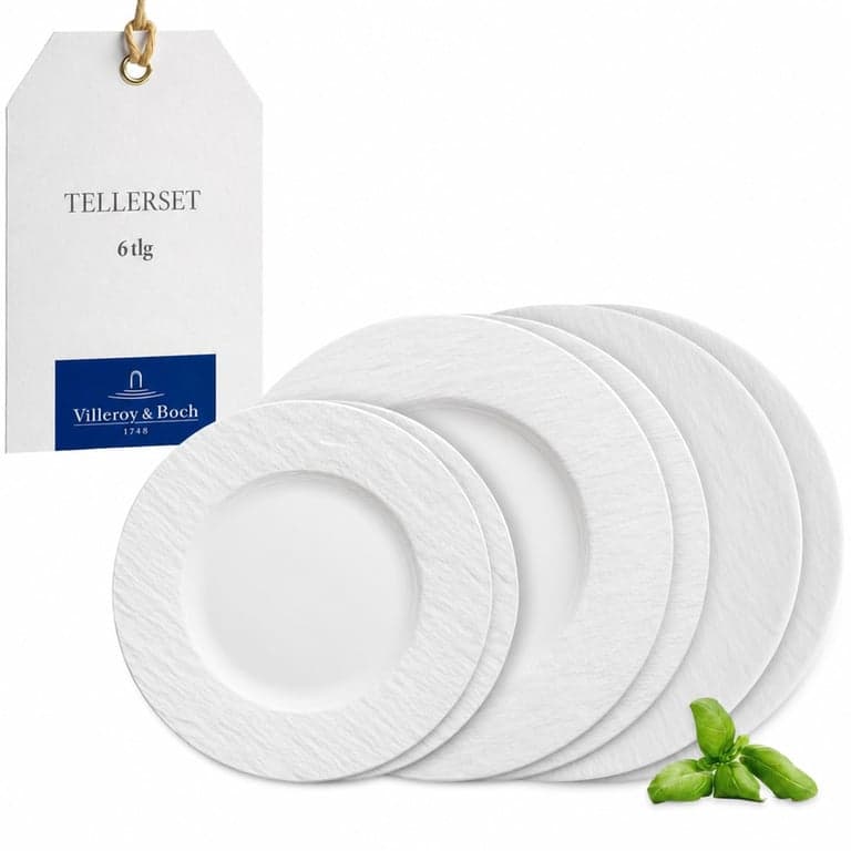 Villeroy & Boch Manufacture Rock Blanc fehér porcelán tányérkészlet 2 személyes, mosogatógépálló, mikrohullámú sütőben használható — 5 db-os szett