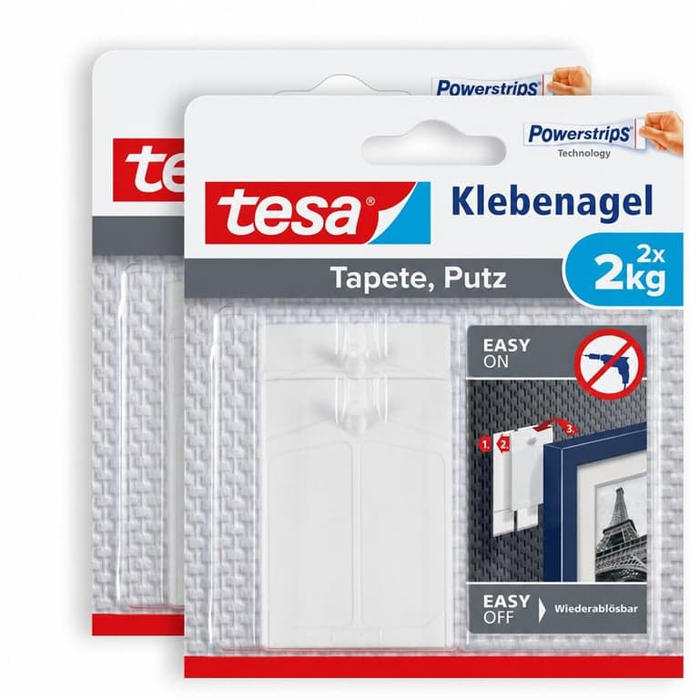 tesa Klebenagel ragasztószeg tapétához és vakolathoz, 2 kg teherbírás, Powerstrips technológia, nyomtalanul eltávolítható, érzékeny — 2 db-os szett