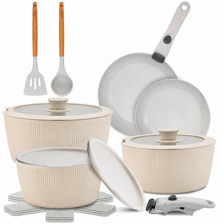 NutriChef 13 részes kerámia edényszett krémszínű, levehető nyéllel, indukciós, tapadásmentes, egymásba rakható, sütőálló, minden tűzhelyhez — 13 db-os szett
