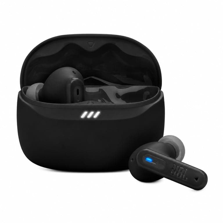 JBL Tune Beam 2 vezeték nélküli Bluetooth fülhallgató zajszűréssel, IP54, 48 h - fekete — töltőkábel nélkül (állapot: lásd a 2. képet)