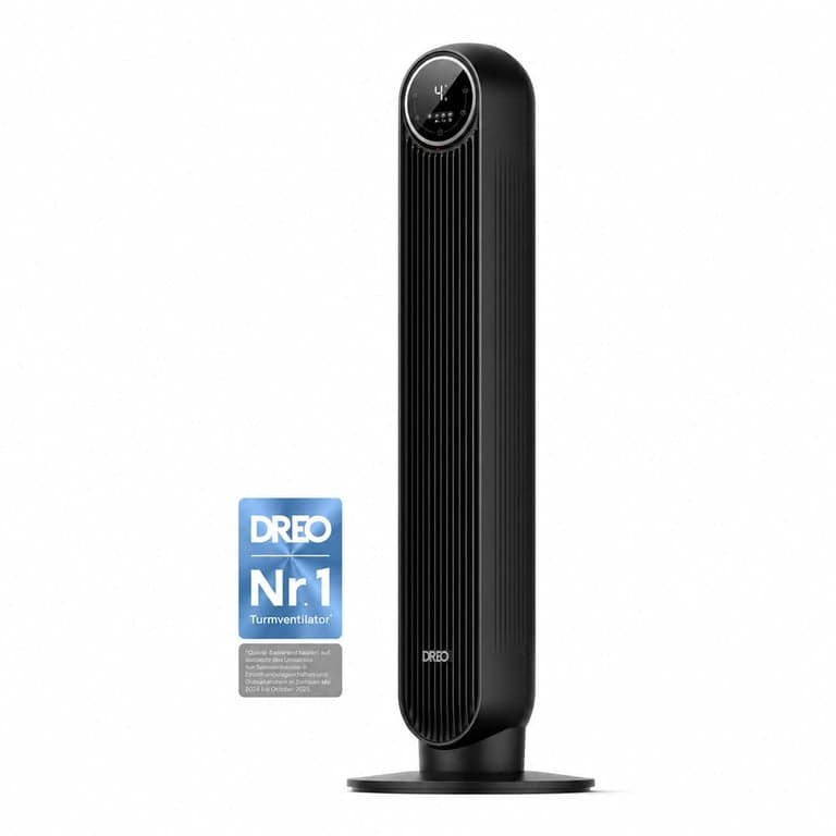 DREO Álló Torony Ventilátor Fekete, 8 Sebesség, 4 Mód, 90° Forgás, LED Kijelző, Csendes — Hiányzik a távírányító (állapot: lásd a 2. képet)