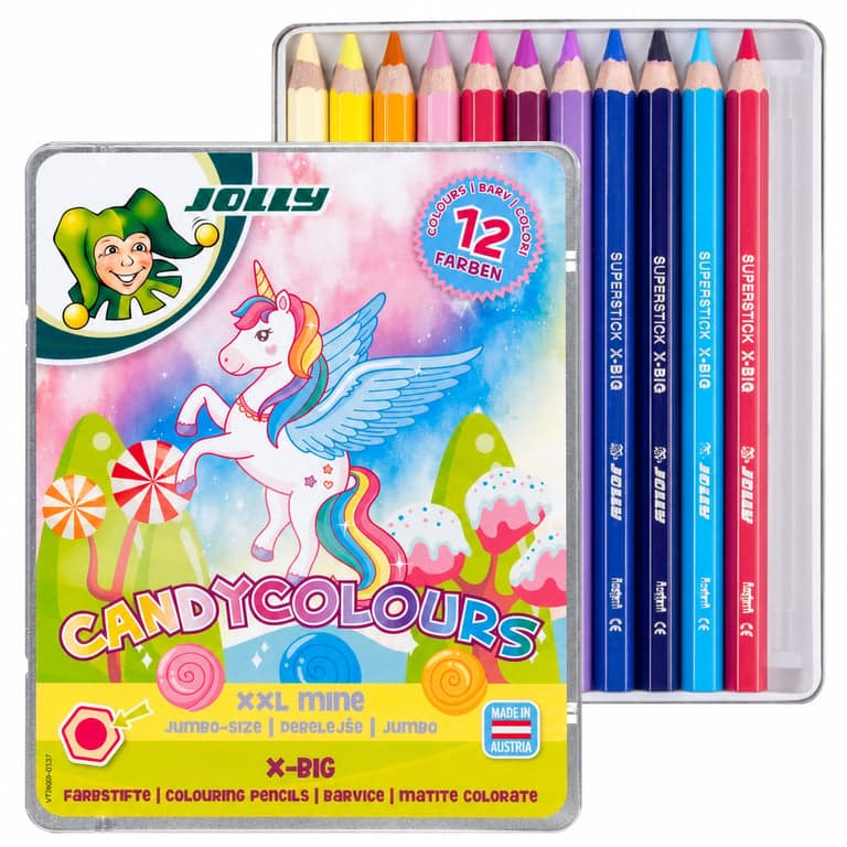 JOLLY Superstick X-Big vastag törésálló színes ceruza készlet fémdobozban, 6,4 — 12/11 db szín van a csomagban (állapot: lásd a 2. képet)