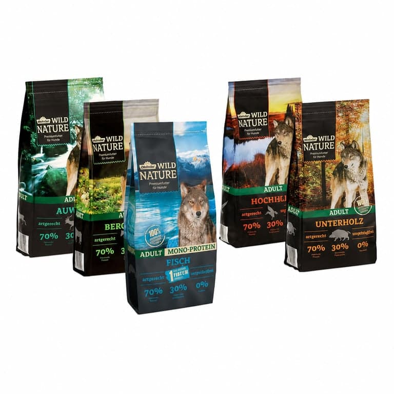 Dehner Wild Nature száraz kutyatáp próbacsomag 5 x 1 kg – gabonamentes, 70% állati fehérje, felnőtt kutyáknak, vegyes ízek — 5 db-os szett