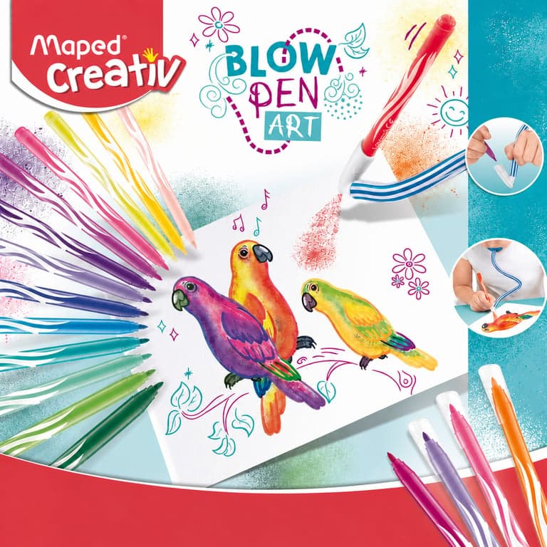 Maped Creativ Blow Pen Art légecset filctoll készlet színes rostirónnal, fúvócsővel, kreatív rajzoláshoz gyerekeknek 5 éves kortól — 22 db-os szett
