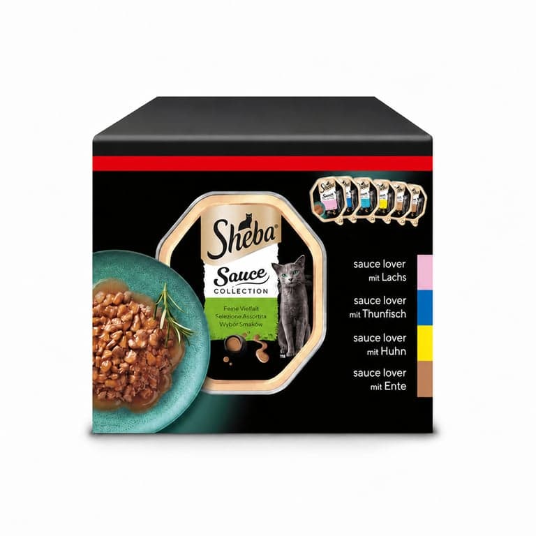 Sheba Sauce Collection Feine Vielfalt macska nedveseledel szószban, lazac, tonhal, csirke, kacsa ízekben, 24 x 85 g, MSC tanúsított — 24 db-os szett