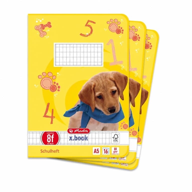 Herlitz x.book Schulheft A5 Iskolai Füzet 8f Vonalas Fehér Margóval 16 Lap 80g/m² FSC Papír Kutyás Mintával 4 db-os Csomag