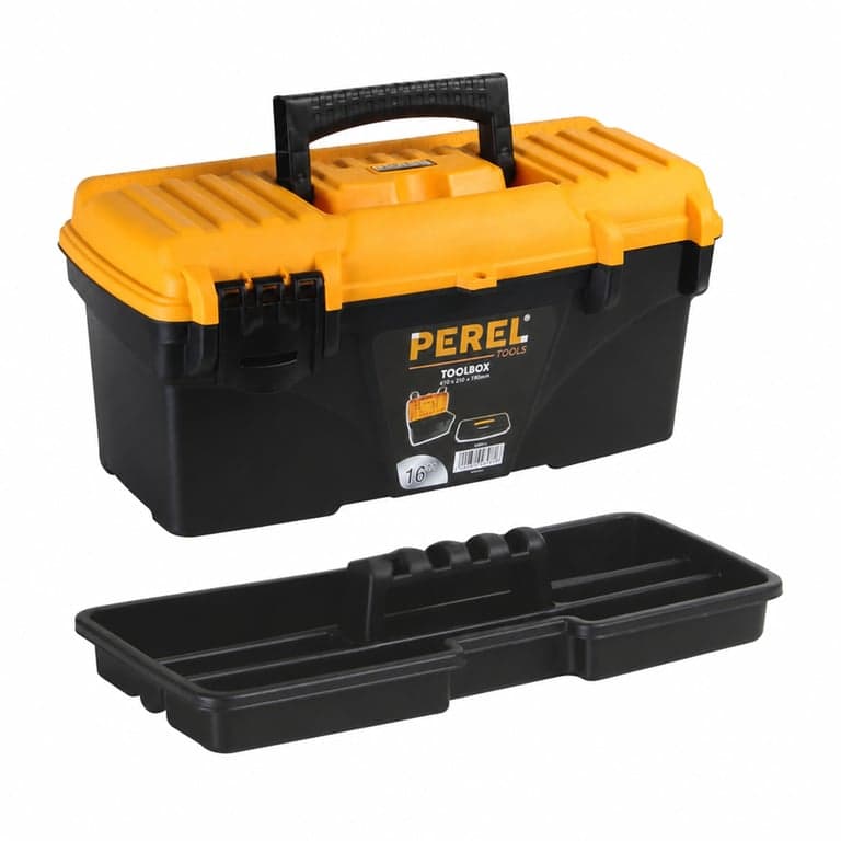 Perel Toolbox szerszámosláda 16,7 L kivehető tálcával, 41x20,9x19,5 cm — A jobb oldali záróretesz hiányzik (állapot: lásd a 2. képet)