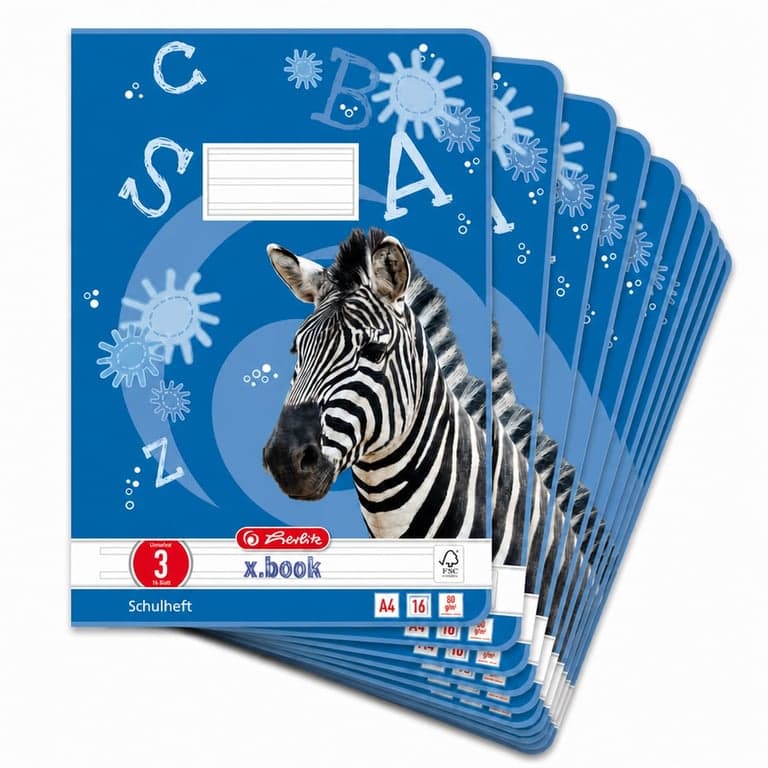 Herlitz x.book Schulheft A4 iskolai vonalas füzet Lineatur 3 (3. osztály) 16 lapos kék zebra mintás csomag 80 g/m² FSC papír — 9 db-os szett