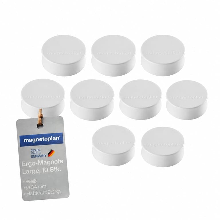 magnetoplan Ergo-Magnete Large kerek mágnes, fehér, 34 mm, - táblához és irodai használatra — 9 db-os szett