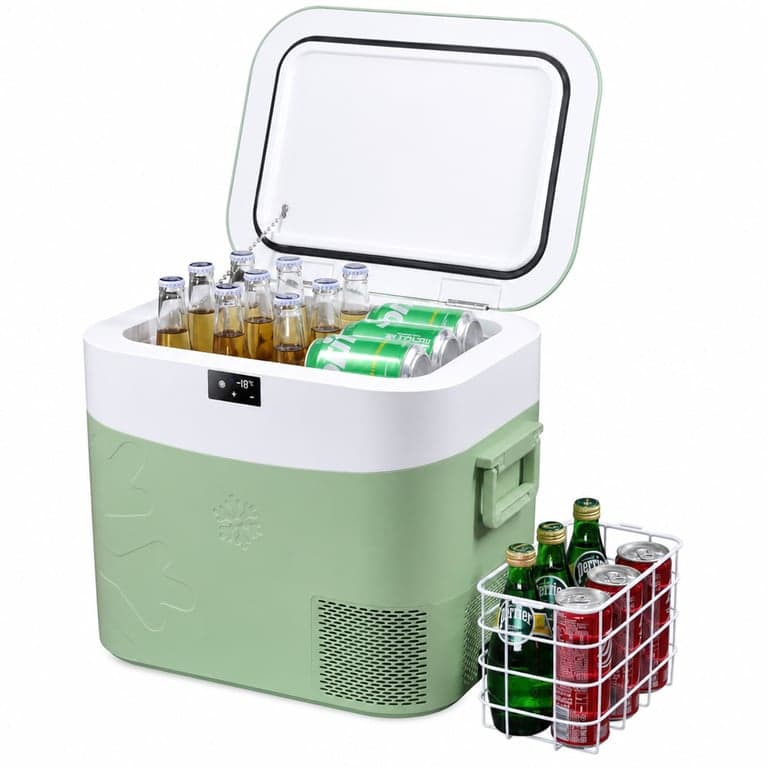 BINGI hordozható autós hűtőbox 22L, 12V/24V DC és 100-240V AC, -18°C–15°C, kempinghez és utazáshoz — hibás (állapot: lásd a 2. képet)