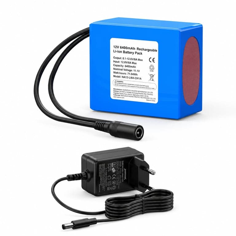 NASTIMA 12V 6400mAh 71,04Wh újratölthető lítium-ion akkumulátor töltővel és csatlakozóval — DC-csatlakozó nélkül (állapot: lásd a 2. képet)