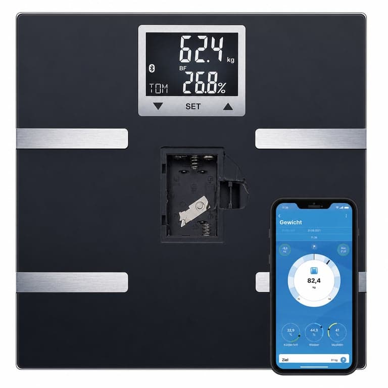 Beurer BF 720 Bluetooth-os Diagnosztikai Személymérleg — hibás, részben működik: az elemek burkolata törött (állapot: lásd a 2. képet)