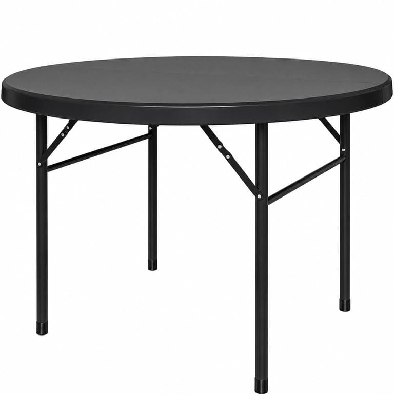 YITAHOME 122 cm kerek összecsukható asztal fekete, fém vázzal, 4 cm asztallap — hiányzó fogantyú (állapot: lásd a 2. képet)