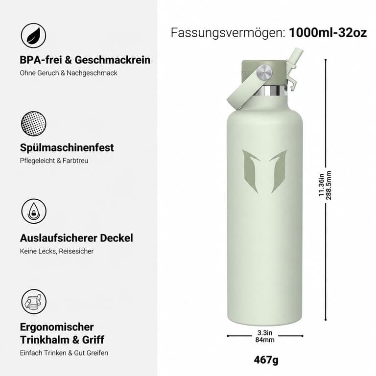 Super Sparrow FlipFlow rozsdamentes acél termosz palack 1 L, szívószálas kupakkal — 2 szívószál hiányzik (állapot: lásd a 2. képet)