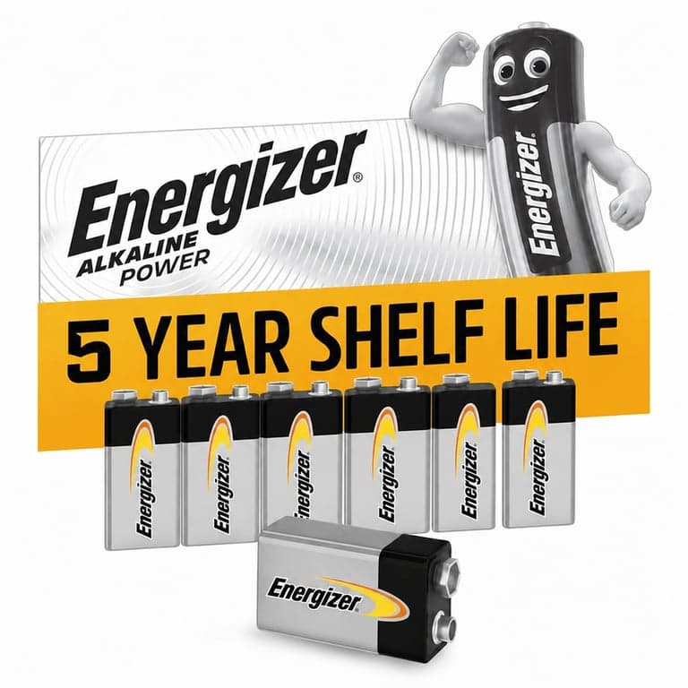 Energizer Alkaline Power 9V Blokk Alkáli Elem, csomag, Füstérzékelőhöz és Elektronikához, 100% Újrahasznosítható Csomagolás — 7 db-os szett