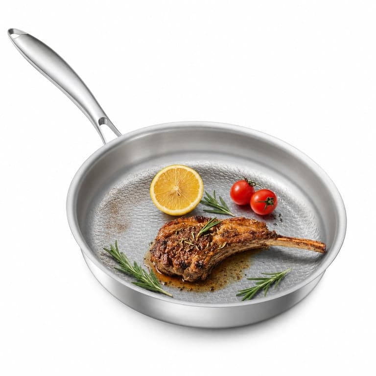 Abijan rozsdamentes acél serpenyő 28 cm, halpikkelyes felület, 18/10 acél, indukciós — Indukciós fedő nélkül (állapot: lásd a 2. képet)