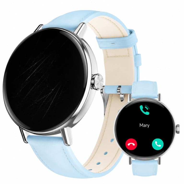 Yoever DR05 Okosóra Nőknek Kék Bőr Szíjjal, Bluetooth Hívás, Pulzusmérő, Lépésszámláló, Kerek — Karc a kijelzőn (állapot: lásd a 2. képet)