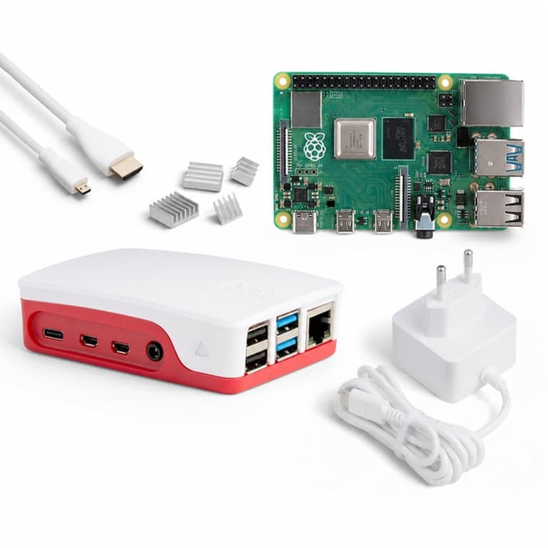 db-tronic Raspberry Pi 4 1GB Starter Szett 64GB, 15W tápegység, piros-fehér ház — SD-kártya és olvasó nélkül (állapot: lásd a 2. képet)