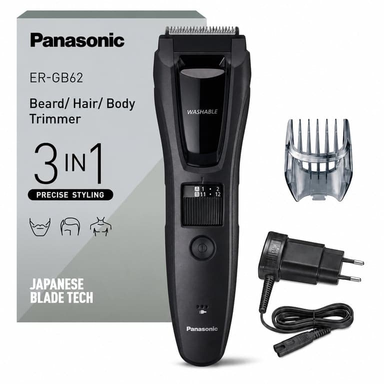 Panasonic ER-GB62-H503 Szakáll- és Hajnyíró Férfiaknak, 39 Hosszbeállítás, 3 — tisztítófolyadék és kefe nélkül (állapot: lásd a 2. képet)